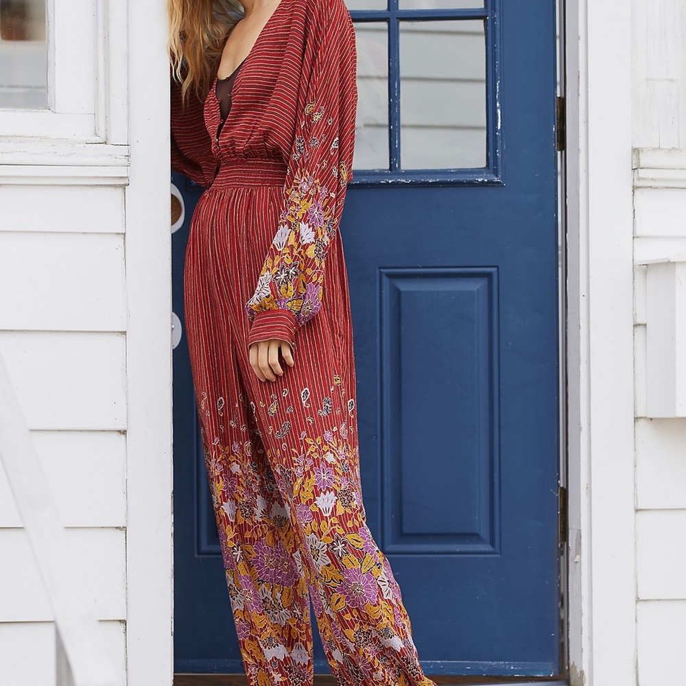 Anthropologie Breezy Open Back Burgundy and Floral Jumpsuit Romper
